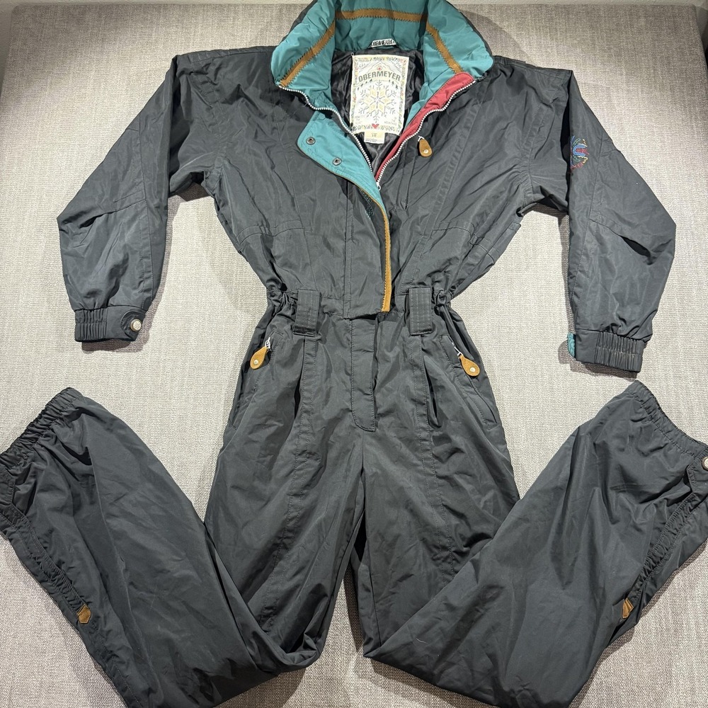 Vintage Obermeyer Snowsuit Womens 10 Black One Piece Ski Suit Embroidered